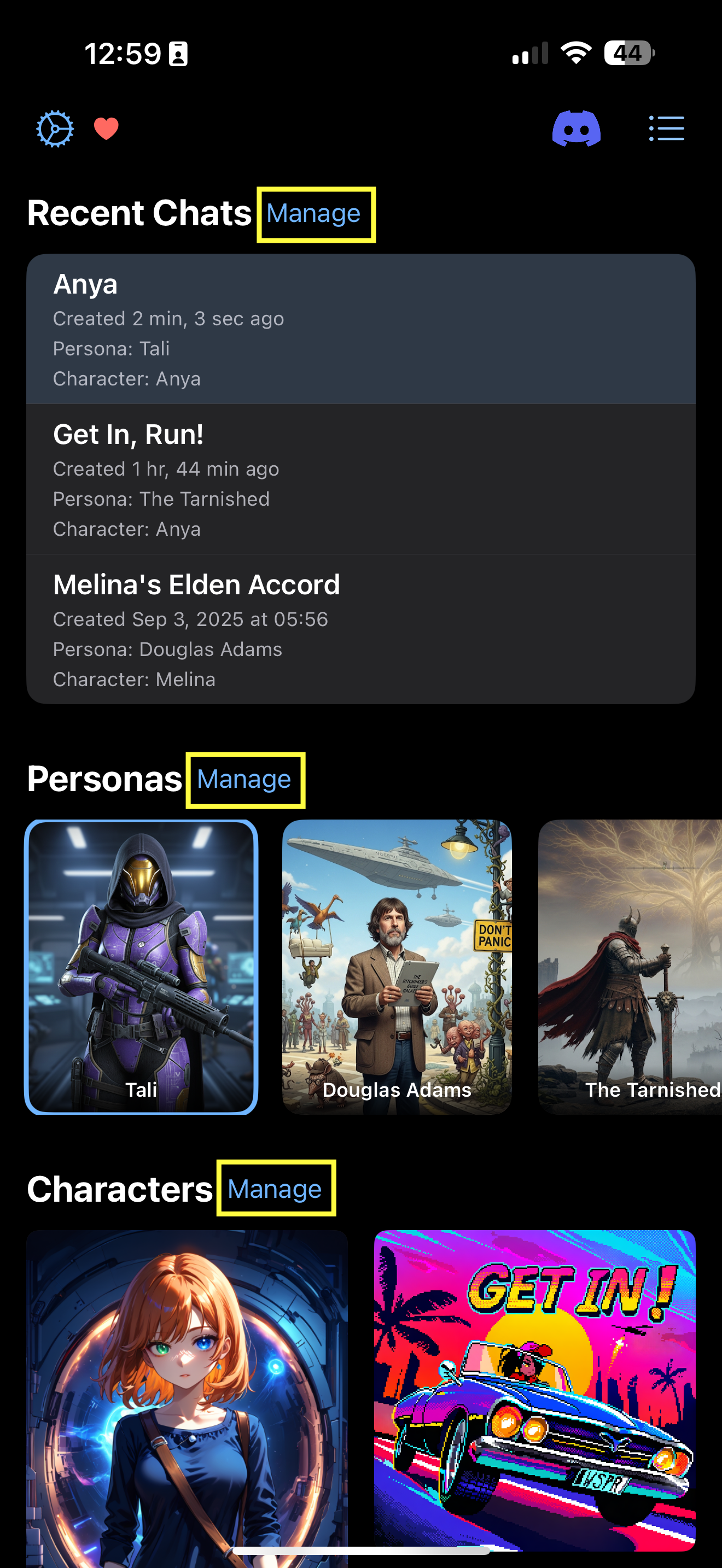Home screen with Manage button highlighted