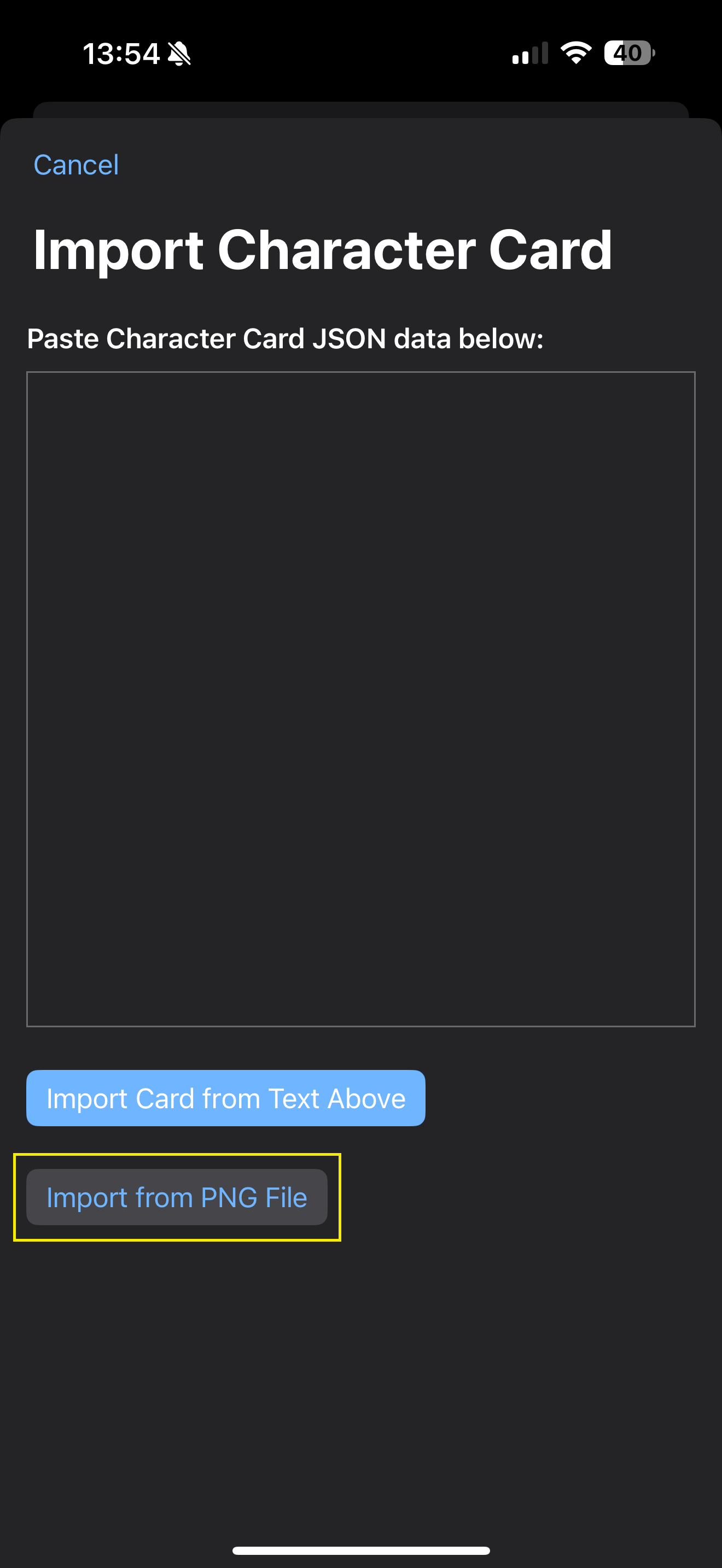 Import Character Card screen with Import button highlighted