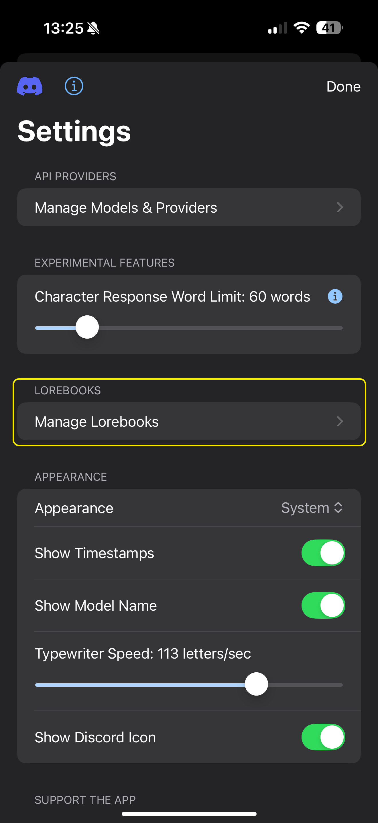Settings screen with Lorebooks highlighted